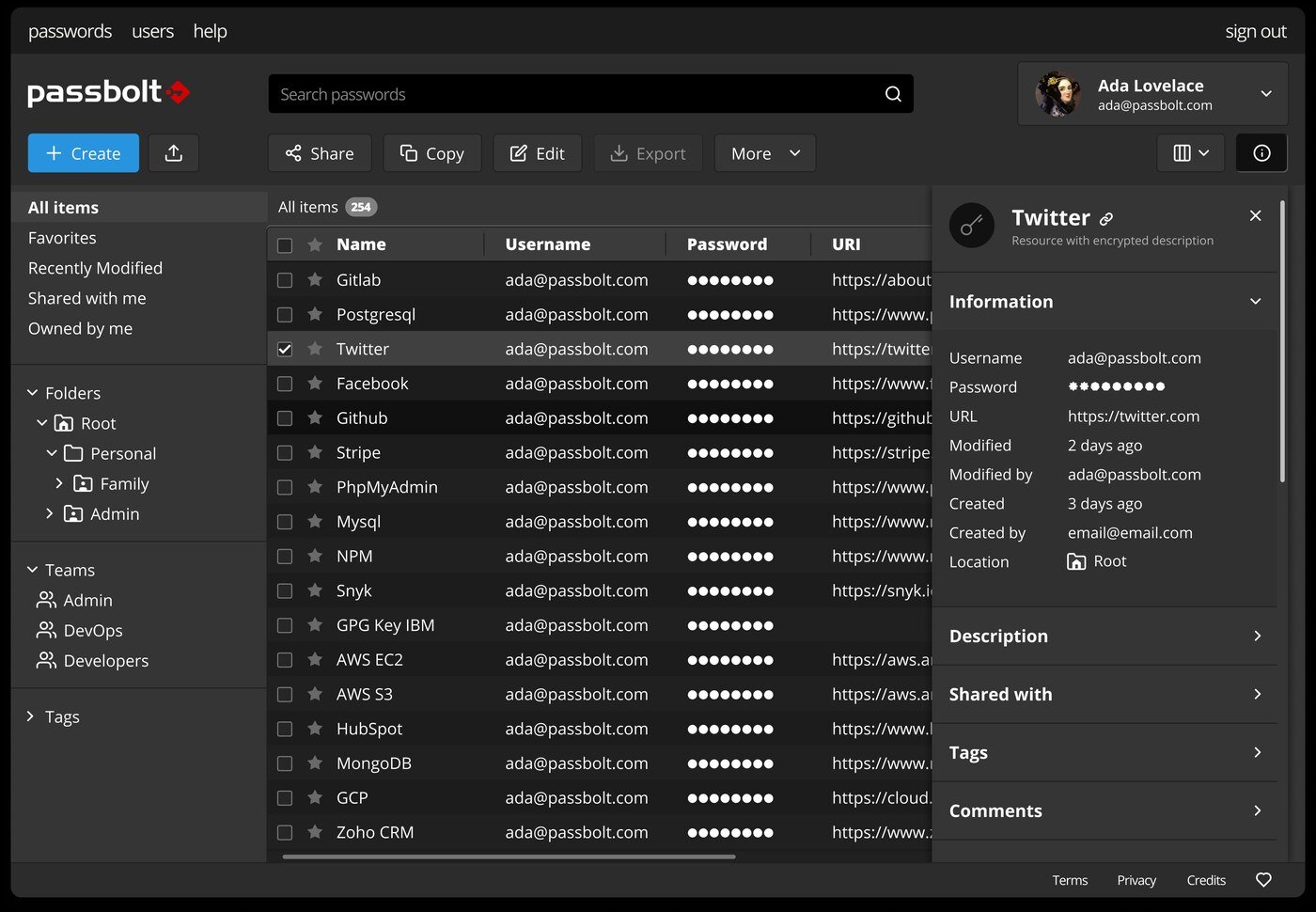Passbolt Web-Interface im Dark-Mode: Tresor-Übersicht mit Suche, Folder-Tree links und Detail-Panel rechts für eine Twitter-Anmeldung