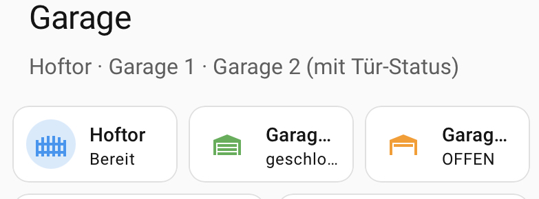 Lovelace-Dashboard mit drei Mushroom-Cards für Hoftor, Garage 1 (geschlossen) und Garage 2 (offen)