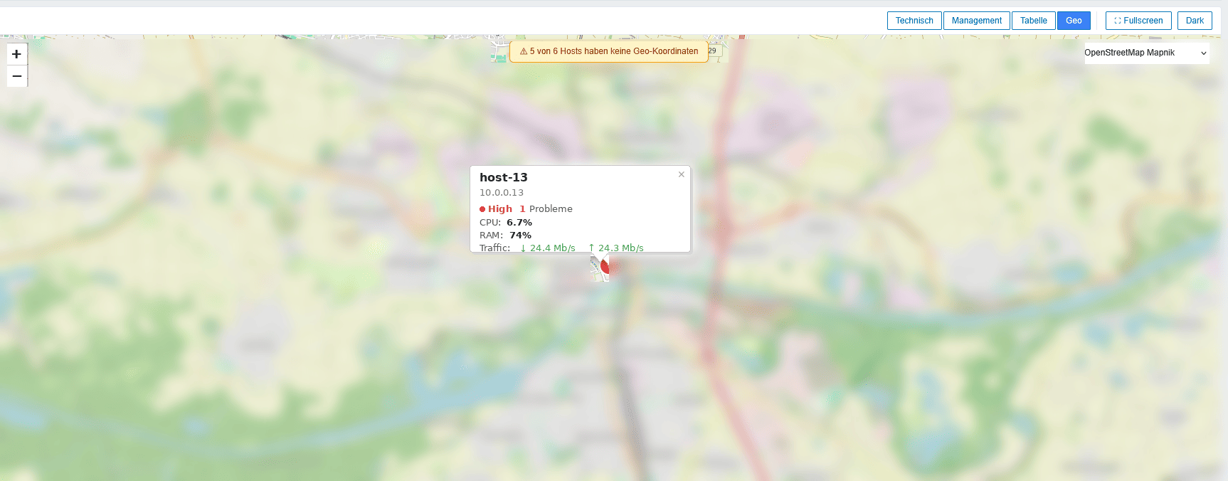 Geo-Ansicht mit Hosts auf einer OpenStreetMap-Karte